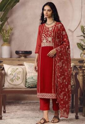 Red organza zari embroidered   sequins and beads free size suit 1