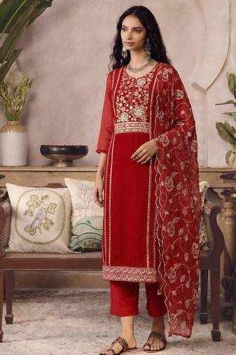 Red organza zari embroidered   sequins and beads free size suit