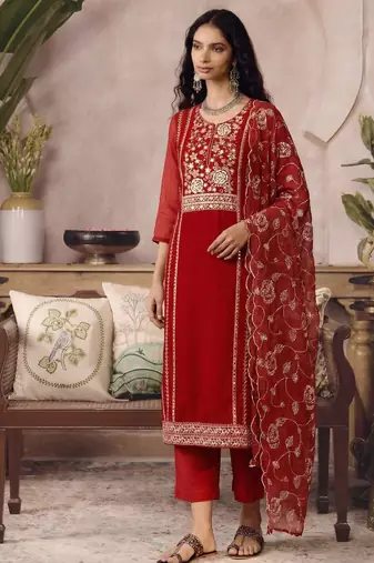 Red organza zari embroidered   sequins and beads free size suit
