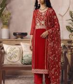 Red organza zari embroidered   sequins and beads free size suit
