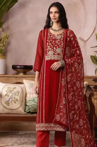 Red organza zari embroidered   sequins and beads free size suit