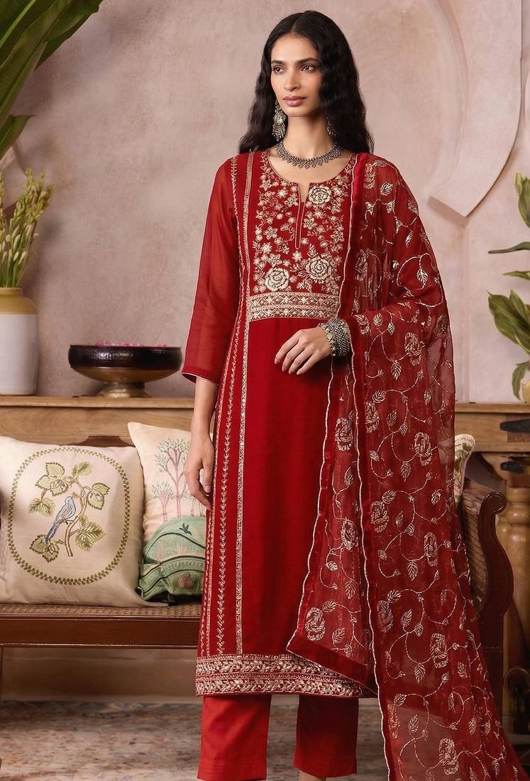Red organza zari embroidered   sequins and beads free size suit