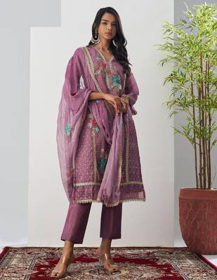 Lavender fancy fabric thraed embroidery   beads & sequins free size suit 1
