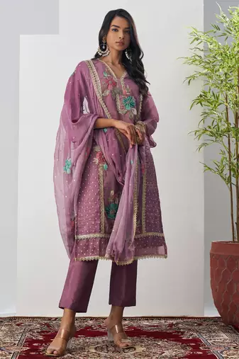 Lavender fancy fabric thraed embroidery   beads & sequins free size suit