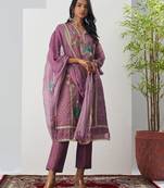 Lavender fancy fabric thraed embroidery   beads & sequins free size suit