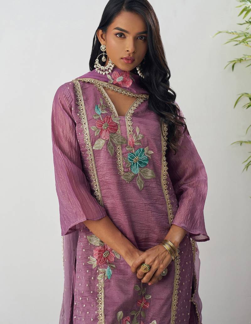 Lavender fancy fabric thraed embroidery   beads & sequins free size suit