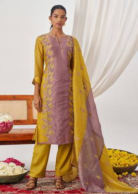 Yellow fancy fabric exquisite cut paste embroidery & sequin free size suit 1