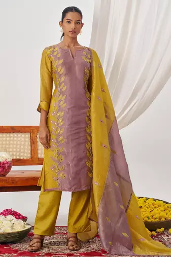 Yellow fancy fabric exquisite cut paste embroidery & sequin free size suit