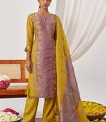 Yellow fancy fabric exquisite cut paste embroidery & sequin free size suit