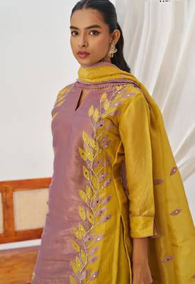 Yellow fancy fabric exquisite cut paste embroidery & sequin free size suit 2
