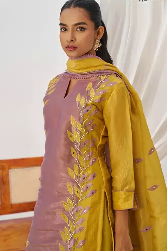 Yellow fancy fabric exquisite cut paste embroidery & sequin free size suit