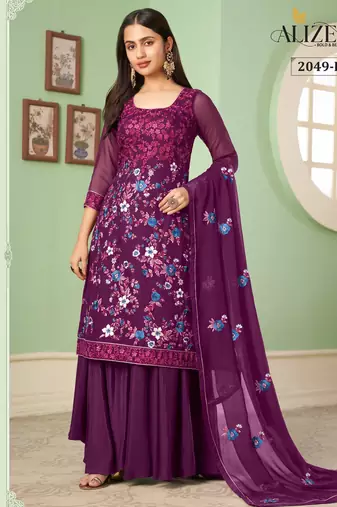 Purple georgette embroidered & sequins free size suit