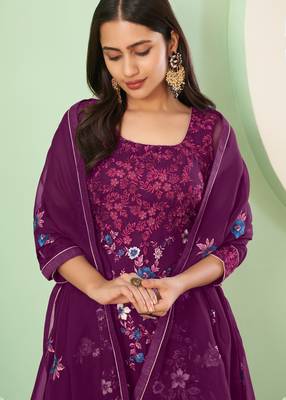 Purple georgette embroidered & sequins free size suit 2
