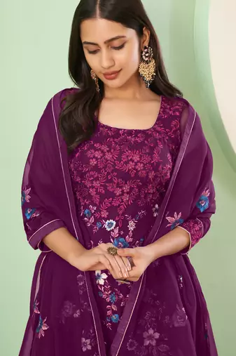 Purple georgette embroidered & sequins free size suit