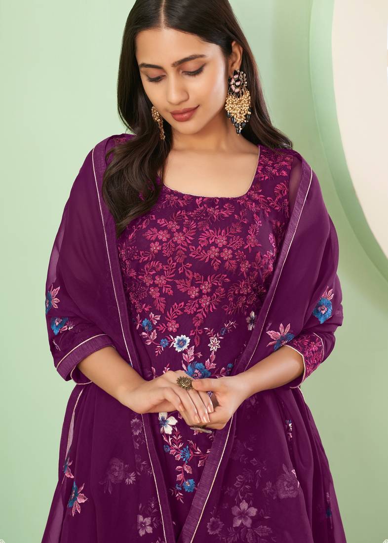 Purple georgette embroidered & sequins free size suit