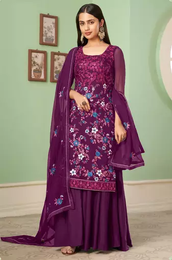 Purple georgette embroidered & sequins free size suit