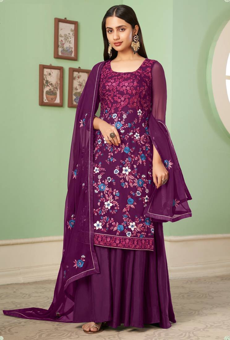 Purple georgette embroidered & sequins free size suit