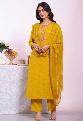 Yellow silk blend embroidered free size suit 1