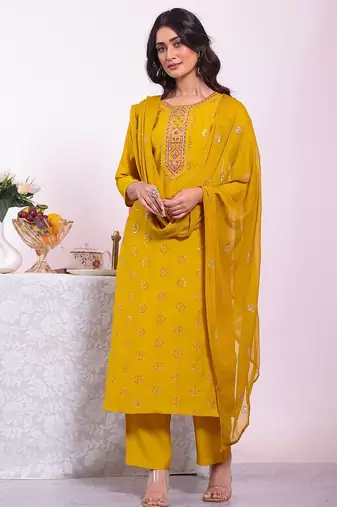 Yellow silk blend embroidered free size suit