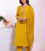 Yellow silk blend embroidered free size suit