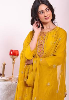 Yellow silk blend embroidered free size suit 2