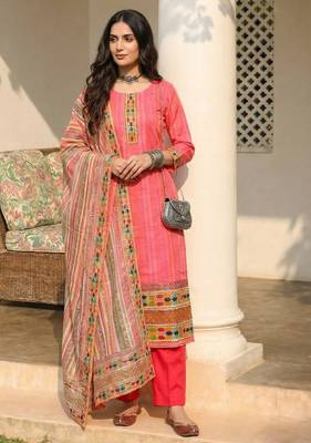 Pink blended cotton embroidered   sequins & printed dupatta free size suit 1