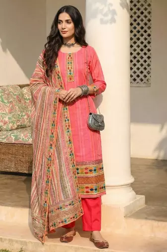 Pink blended cotton embroidered   sequins & printed dupatta free size suit