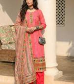 Pink blended cotton embroidered   sequins & printed dupatta free size suit