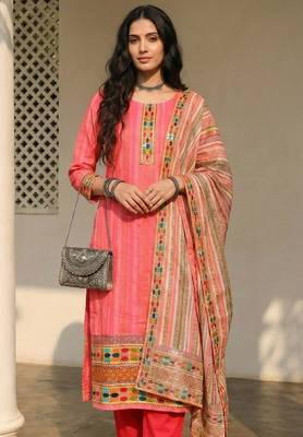 Pink blended cotton embroidered   sequins & printed dupatta free size suit 2