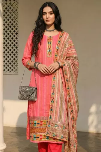 Pink blended cotton embroidered   sequins & printed dupatta free size suit