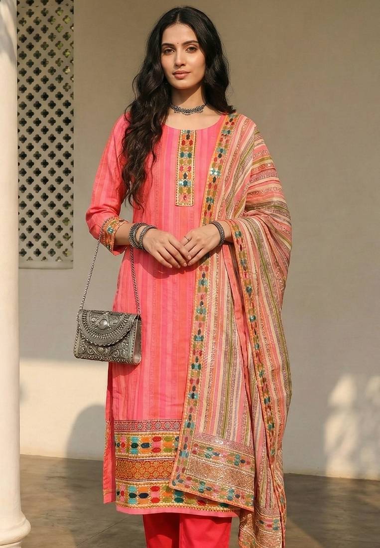 Pink blended cotton embroidered   sequins & printed dupatta free size suit
