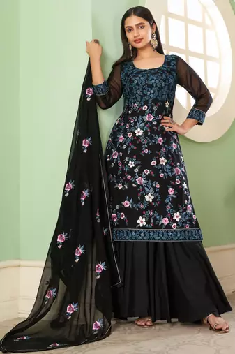 Black georgette embroidered & sequins free size suit