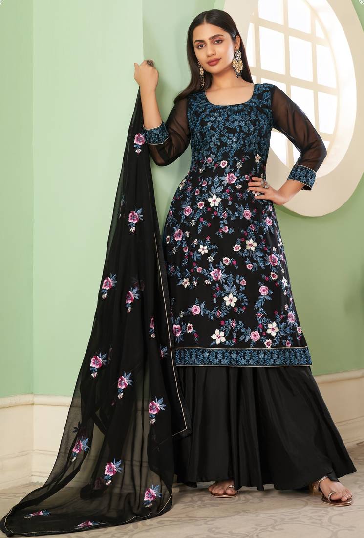 Black georgette embroidered & sequins free size suit