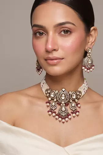 Gold plated ruby red kundan choker set