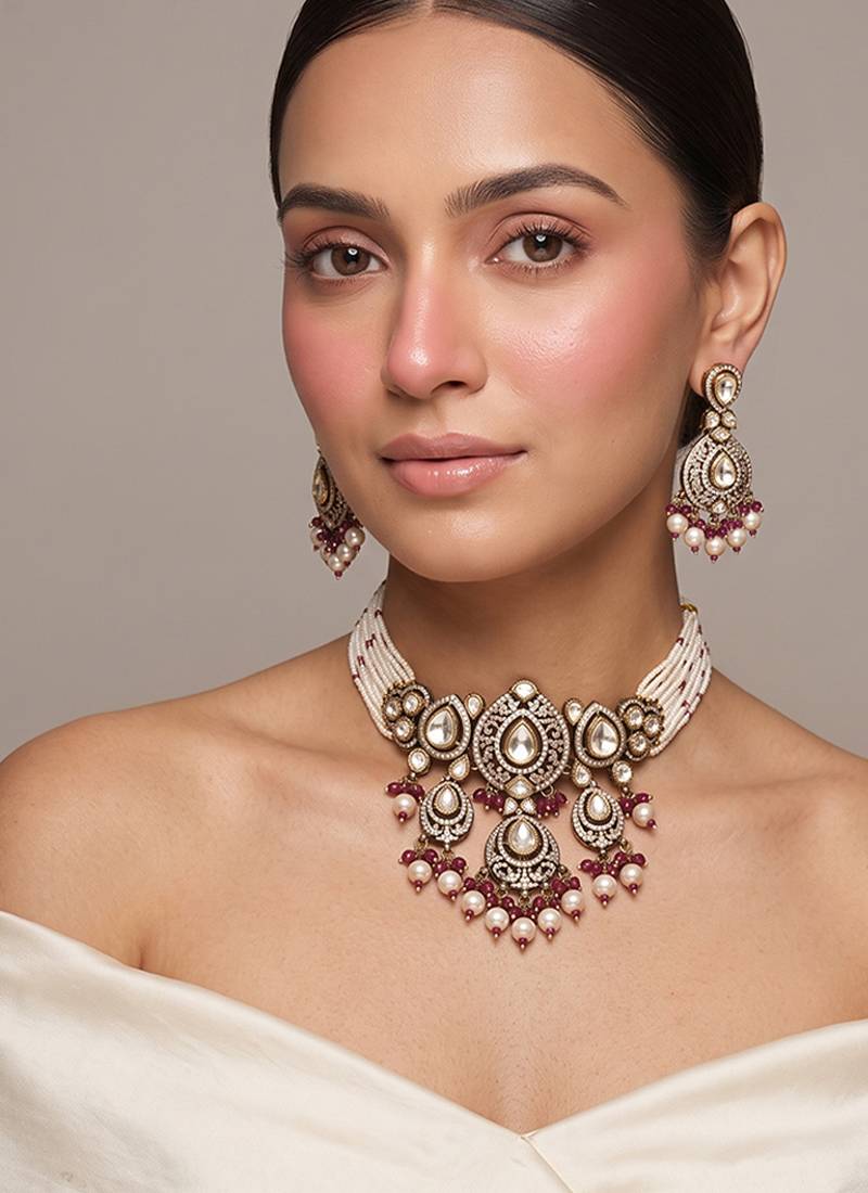 Gold plated ruby red kundan choker set