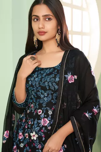Black georgette embroidered & sequins free size suit