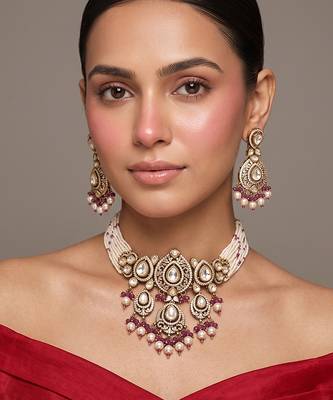 Gold plated ruby red kundan choker set 2