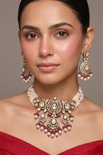 Gold plated ruby red kundan choker set
