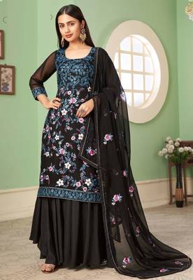 Black georgette embroidered & sequins free size suit 3
