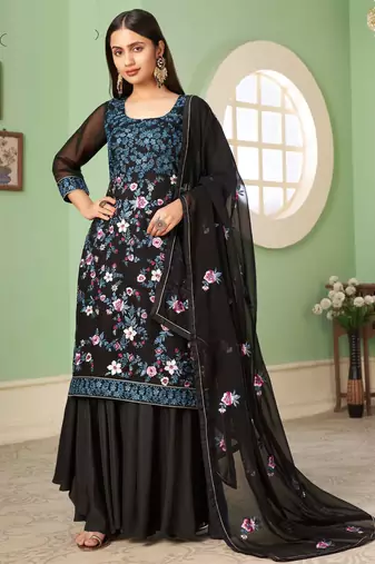 Black georgette embroidered & sequins free size suit