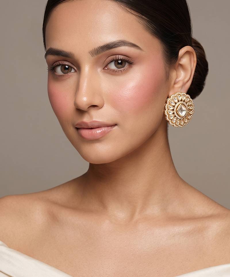Gold plated royal kundan polki stud earrings