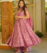 Pink blended cotton printed free size suit