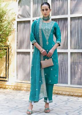 Blue silk blend embroidered free size suit 1
