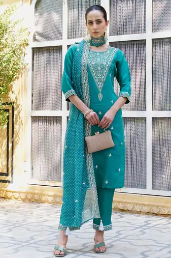 Blue silk blend embroidered free size suit