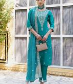 Blue silk blend embroidered free size suit