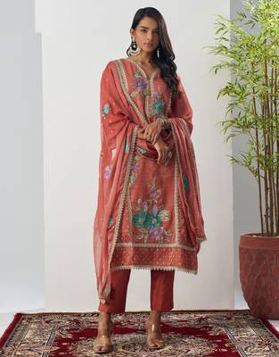 Orange fancy fabric thraed embroidery   beads & sequins free size suit 1