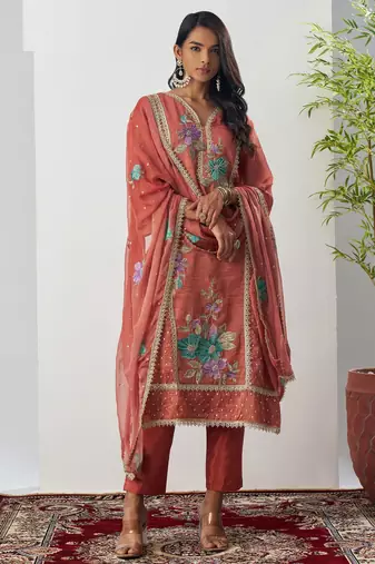 Orange fancy fabric thraed embroidery   beads & sequins free size suit