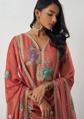 Orange fancy fabric thraed embroidery   beads & sequins free size suit 2