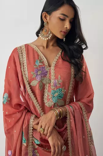 Orange fancy fabric thraed embroidery   beads & sequins free size suit