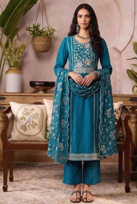 Blue organza zari embroidered   sequins and beads free size suit 1